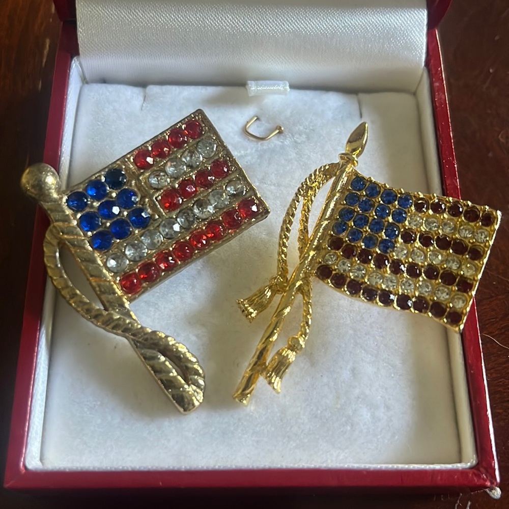 2 Enamel USA American Flag Patriotic Corsage Brooch Pins w/Crystal Rhinestones.